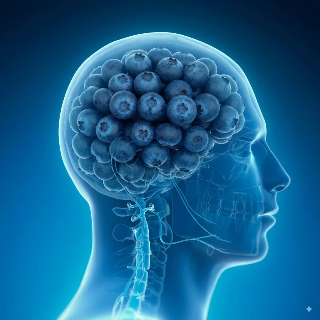 ein Röntgenbild eines menschlichen Gehirns, gefüllt mit Blaubeeren, einem Brainfood zur Steigerung der Gehirnleistung
