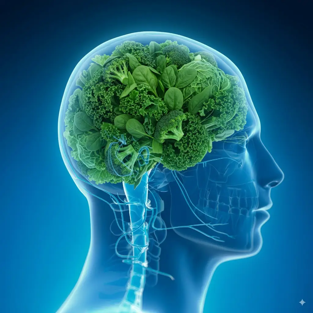 ein Röntgenbild eines menschlichen Gehirns, gefüllt mit Brokkoli, einem Brainfood zur Steigerung der Gehirnleistung