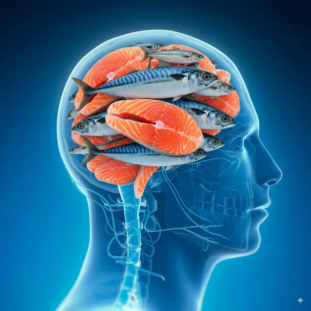 ein Röntgenbild eines menschlichen Gehirns, gefüllt mit frischem fettem Fisch wie Lachs, einem Brainfood zur Steigerung der Gehirnleistung