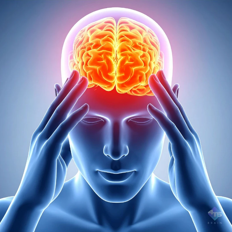 Illustration eines menschlichen Gehirns, Mann hält sich den Kopf – Symbol für Gehirnfunktionen