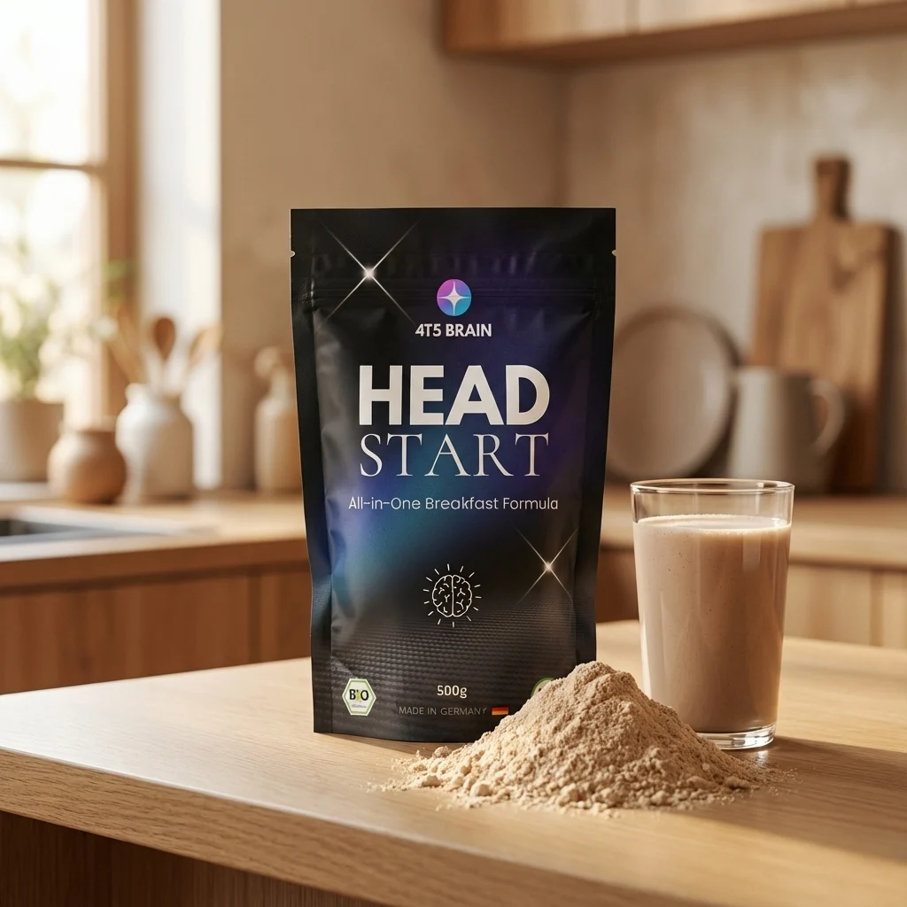Ein Stand Bodenboden Beutel mit 4T5 Brain headstart Frühstücksdrink. Auf dem Küchentisch steht nebenbei noch ein Haufen mit dem hellbraunen Pulver und ein Glas mit dem fertigen Milchshake.