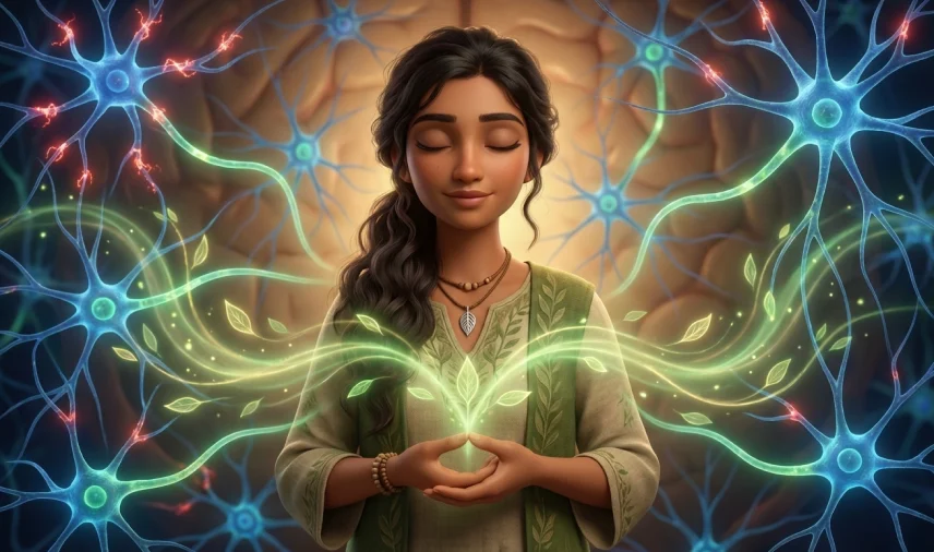 Eine Pixarfigur, eine junge indische, ayurvedische Heilerin reduziert Stress im Gehirn.