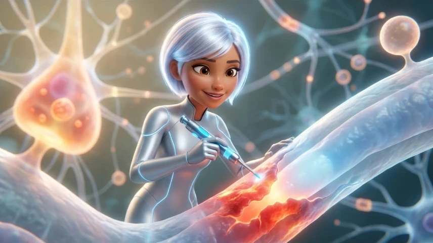 Eine Pixarfigur, eine nette Frau mittleren Alters, repariert im Gehirn mit ihrem Zauberstab, eine Zellmembran