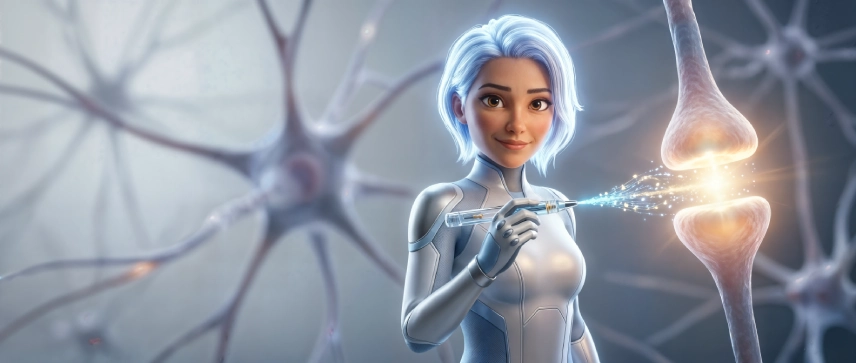 Citicolin Wirkung illustriert anhand einer pixar ähnlichen Comicfigur, die Citicholin darstellen soll, im Gehirn werden die Synapsen optimiert