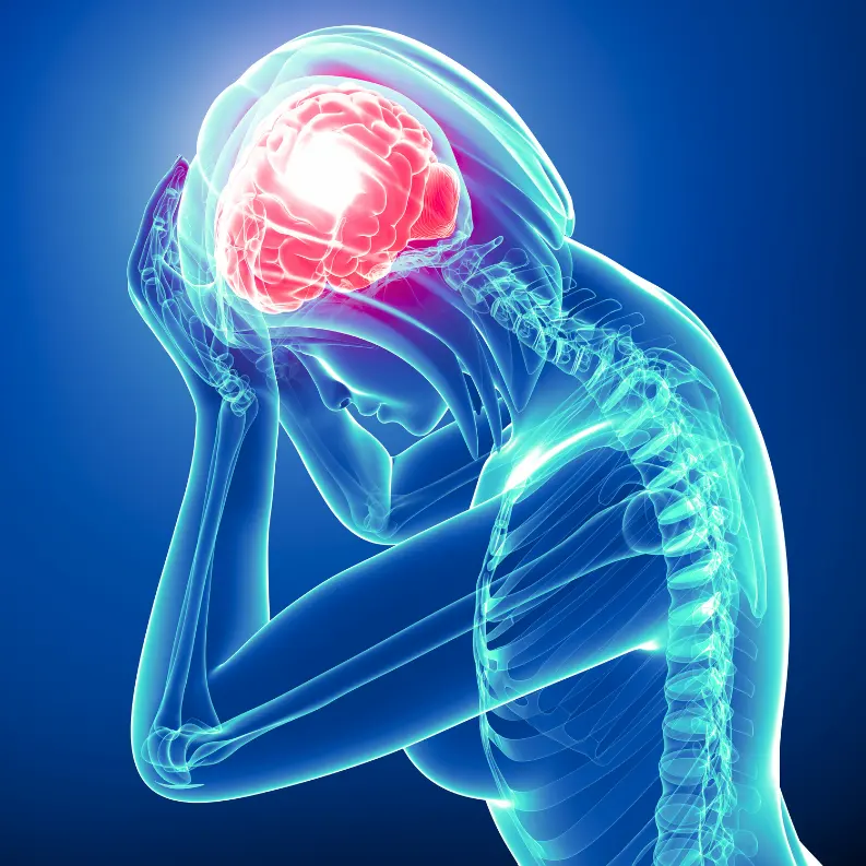 Eine Frau mit oxidativen Stress in ihrem Gehirn, Röntgenbild von Frau und Hirn