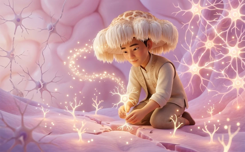 Eine Pixarähnliche Figur, sie schaut asiatisch aus und männlich und repariert im Gehirn Zellen beziehungsweise lässt neue Gehirnzellen entstehen. Sie steht für Löwenmähne, Lions, MaEine Pixarähnliche Figur, sie schaut asiatisch aus und männlich und repariert im Gehirn Zellen beziehungsweise lässt neue Gehirnzellen entstehen. Sie steht für Löwenmähne, Lion`s Mane Heilpilz