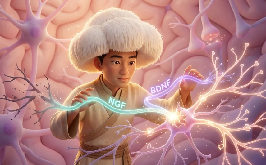 Ein Löwenmähne Pilz in Form einer Pixarfigurs befindet sich im Inneren eines menschlichen Gehirns und aktiviert mgf und BD NF und fördert somit das Wachstum. Neuer Gehirnzellen.