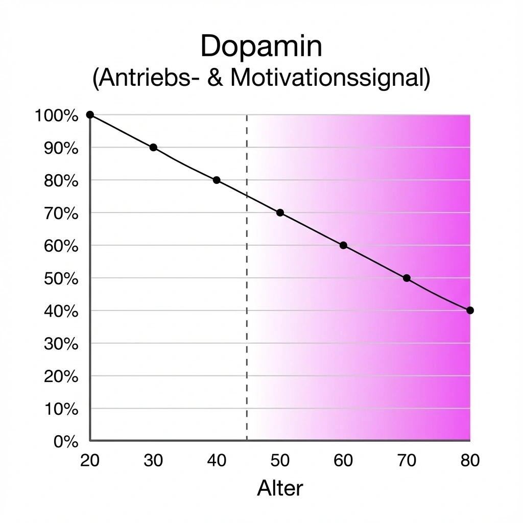 ein Koordinatensystem, das den Verfall von Dopamin mit zunehmendem Alter illustriert. Mit 60 Jahren nur noch 60% des Wertes als Jugendlicher.