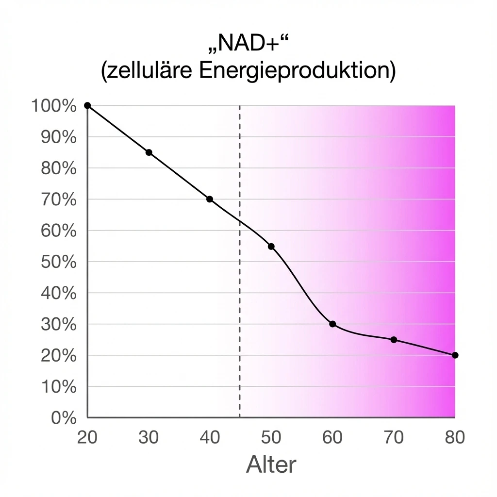 ein Koordinatendiagramm, das den Verfall von NAD+ mit zunehmendem Alter illustriert. Mit 20 Jahren noch bei 100%, mit 80 Jahren nur noch 20%.