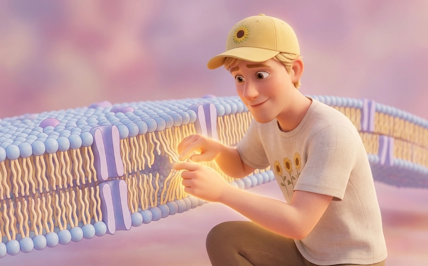 Eine Pixarfigur in Form eines blonden jungen Mannes, der für Phosphatidylserin steht, repariert im Innern des Gehirn Zellmembranen.