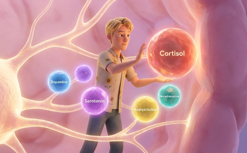 Blonder junger Mann im Pixar-Stil balanciert im Gehirn leuchtende Hormon-Kugeln und hält ein großes Cortisol-Sphere in Schach, während Dopamin, Serotonin, Acetylcholin und Noradrenalin ruhig ausgerichtet schweben.