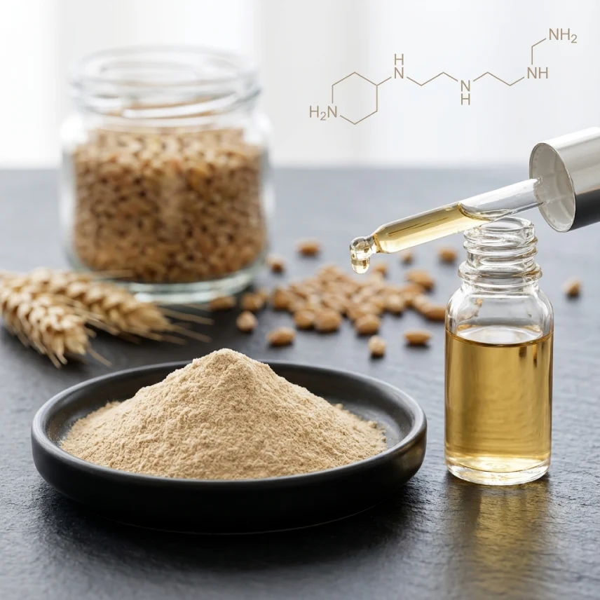 Spermidin-Pulver auf schwarzer Schale mit Weizenkeimen und goldenem Extrakt im Glas, hochwertige wissenschaftliche Produktdarstellung im 4T5-Stil.