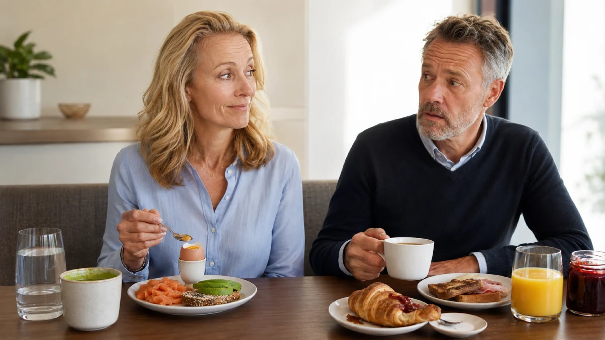ein Mann und eine Frau, beide etwa Mitte 50, frühstücken zusammen in der Küche, sie hat ein sehr gesundes, er ein ungesundes, aber typisch deutsches Frühstück vor sich.
